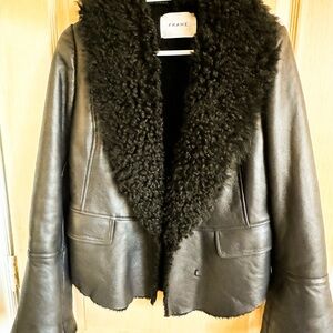 Frame Denim Dark Leather Jacket with Shearling Collar